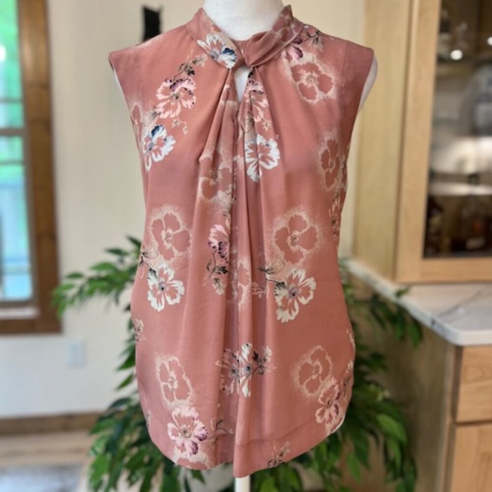 Rebecca Taylor Pure Silk Keyhole Blouse, size 6, dusty pink/floral
